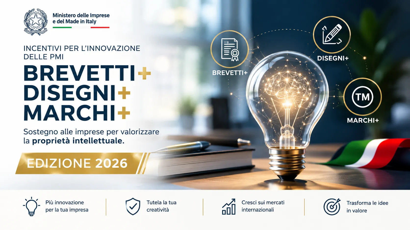 Brevetti+, Marchi+ e Disegni+ 2026: date, importi e requisiti dei bandi MIMIT per le PMI